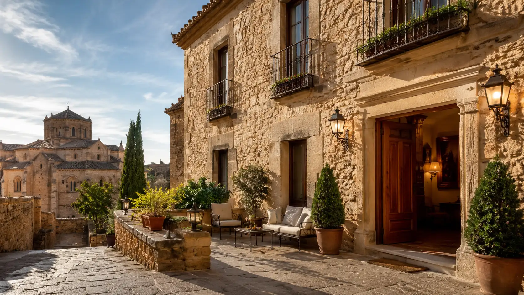 Fachada de piedra con entrada y zona exterior de estancia